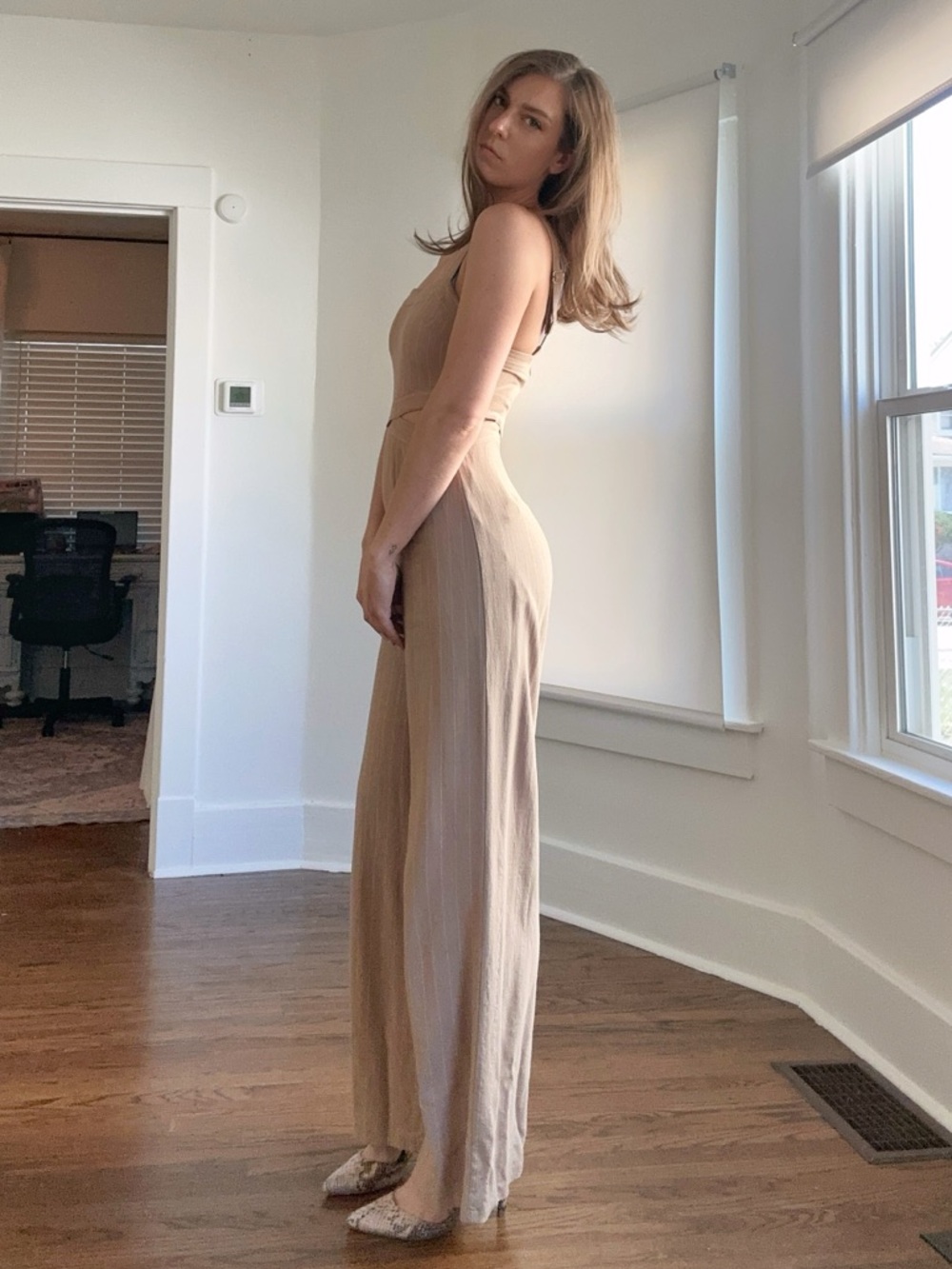 Fashion Nova Linen Blend Jumpsuit Medium Pinstripe Tan Cutout Sides Adjustable